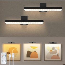 VIGMOJ 2Pack Picture Light Battery Operated with Remote, LED Painting Light for Art with 3 Lighting Colors & Dimmable, LED Art Display Accent Light on Wall for Pictures Dartboard Photo Frame Portrait