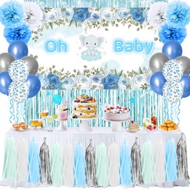 Blue Baby Shower Decoration Sets for Boy，featuring Silver and White Balloons Silver-Toned Pom-Poms, and Silver Foil Blue Tassel Curtains, for a Stylish Little Elephant Themed Birthday Party