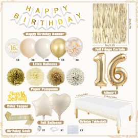 16th Birthday Decorations for Girls, Boho Sand White Gold Balloons, 16th Party Decorations, Happy Birthday Banner, Golden Fringe Curtain Tablecloth Sash Paper Pom Poms for Girls Party Supplies