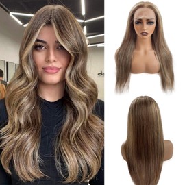 Highlight Lace Front Wig Human Hair Straight 13X4 HD Balayage Glueless Wigs Human Hair 150% Density Ombre Light Brown Mixed Brown with Ash Blonde Lace Front Wig Pre Plucked Hairline 32 Inch
