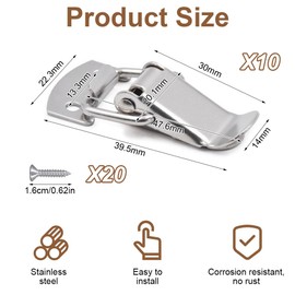 Pack of 10 Turnbuckles Stainless Steel with 20 Screws, Box Closure, Small Cap Lock, Lever Lock, Silver, Tension Lock Corner Attachment, for Case Box, Toolbox, Drawer, Cabinet, Chest