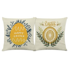 ABTOLS Happy Easter Spring Throw Pillow Covers 18x18 inch Set of 2 for Home Decor，Two Eggs with Branch Linen Cushion Cover with Zipper Decorative Pillow Cover for Couch, Car, Bedrooms and Sofas