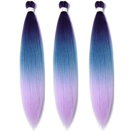 BALINGHAIR Pre Stretched Braiding Hair 28 Inch Braids Hair Purple to Blue Ombre Hot Water Setting (C26-3Packs)