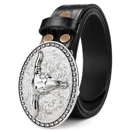 Oyifan Western Cowboy Cowgirl Leather Belt, Men's Longhorn Bull Floral Engraving, Women Brown Large Buckle Western Belt (Silver, S Fit Waist 25-29inch)