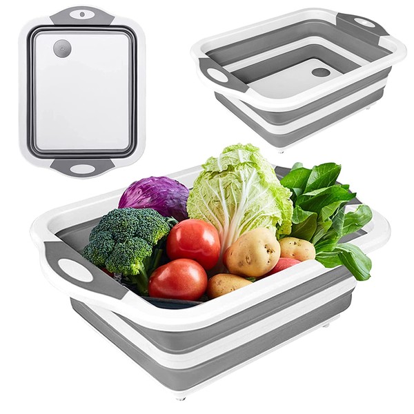 NAUDILIFE Collapsible Camping Chopping Board, with Folding Chopping Board,Multifunction Foldable Siliconewashing Basket, Used for Portable Campervan Accessories for Fruit Vegetable Picnic BBQ
