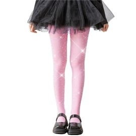 LUCKELF Girls Pink Glitter Tights, Rhinestone Opaque Tights, 6-8 Years, Sparkle School Dress Dance Stockings
