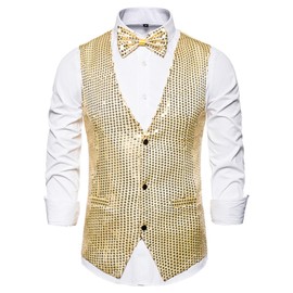 Men's Shiny Sequin Vest V-Neck Regular-Fit Party Dress Suit Waistcoat Bowtie 2 Pieces Set (Gold, S)