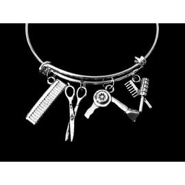 Hair Stylist Scissors Blow Dryer Comb Silver Expandable Charm Bracelet Adjustable Bangle Gift for Hair Stylist