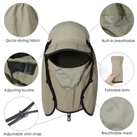 GADIEMKENSD Foldable Fishing Sun Hat with Neck Flap Face Cover UPF 50+ Sun Protection Cool Baseball Cap Adjustment Covering Removable Legion Hat for Fishing Gardening Hiking Work Khaki