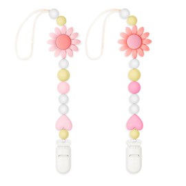 LSTRAGY Silicone Pacifier Clip, 2 Pack Pacifier Holder for Boys and Girls, Adorable Sunflower Pacifier Strap Fits for Most Pacifier, Baby Teethers and Toy Straps (Light Pink&Pink)