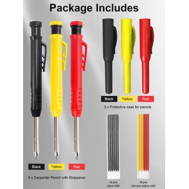 3 Pack Mechanical Carpenters Pencils Built-in Pencil Sharpener with 36 Refills, 3 Protective Covers, Work Pencils for Builders Construction Pencils Deep Hole Marker Woodworking Tools Joiners Pencils