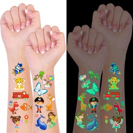 Habett Luminous Tattoos for Kids, 200+ Mixed Styles Temporary Tattoos Stickers Set for Girls and Boys, Space Dinosaur Animals Butterfly Tattoos for Kids Birthday Party Supplies