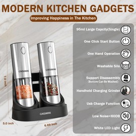 CAISIMIKI Electric Salt and Pepper Grinder Set Upgraded Stainless Steel Spice Grinder USB Rechargeable Automatic Pepper Mill Dual Charging Station Grinder Shakers, Silver