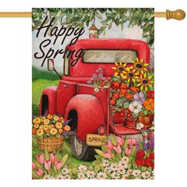 Furiaz Happy Spring Vintage Red Truck House Flag, Pickup Home Yard Lawn Decorative Outdoor Large Flag, Daisy Tulip Flowers Outside Garden Decorations Seasonal Welcome Burlap Decor Double Sided 28 x 40