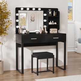 Smuxee Vanity Desk with Mirror and 10 LED Lights, Black Makeup Vanity with 2 Drawers, 3 Lighting Modes Makeup Desk, Madeup Table for Bedroom