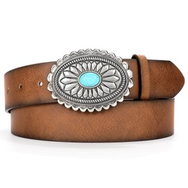 XZQTIVE Women Western Leather Belt Vintage Country Belts For Cowgirl Jeans Dresses Ladies Concho Belt With Turquoise Buckle