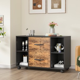 SogesHome Office File Cabinet with 3 Storage Cubes, Mobile Lateral Filing Cabinet with 2-Drawers, Storage Cabinet with 4-Lockable Wheels for Home, Office, School, Black&Vintage Brown