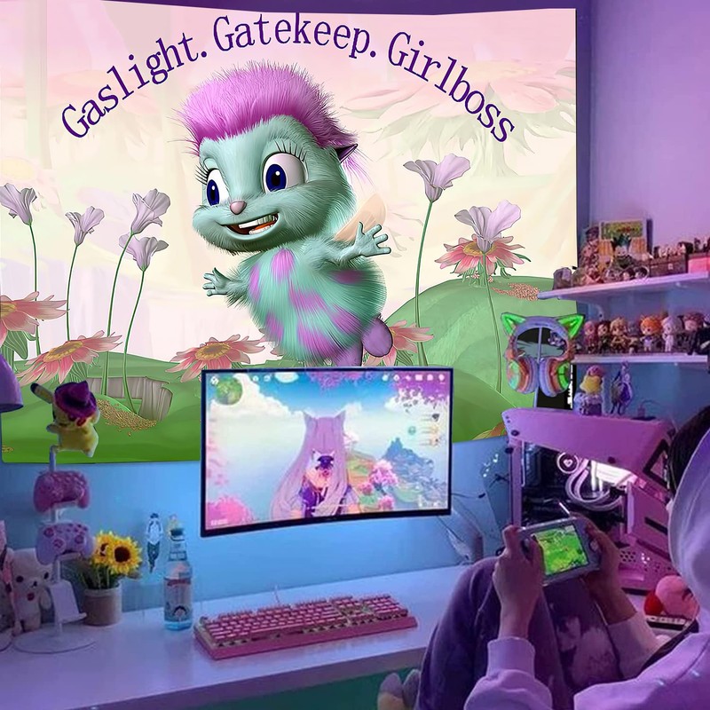 FENDROM Gaslight Gatekeep Girlboss Bibble Pink Meme Tapestry For Bedroom
