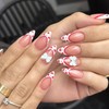 Valentines Press on Nails Almond Fake Nails Medium White French Acrylic Nails Red Heart Glue on Nails Nude Translucent Nails Press ons 3D Bow Artificial Cute Nail Decorations for Women 24 Pcs