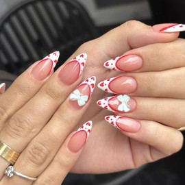 Valentines Press on Nails Almond Fake Nails Medium White French Acrylic Nails Red Heart Glue on Nails Nude Translucent Nails Press ons 3D Bow Artificial Cute Nail Decorations for Women 24 Pcs