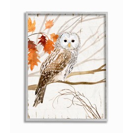 Stupell Industries Owl in Autumn Forest Animal Watercolor Painting Grey Framed Wall Art, 11 x 14, Design by Artist Victoria Borges