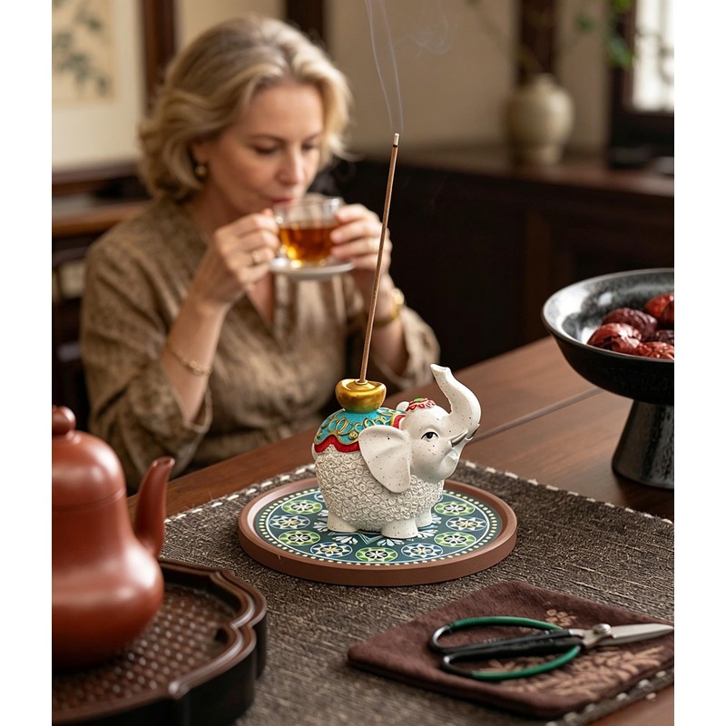 Cute Resin Elephant Incense Holder with Ceramic Tray for Meditation