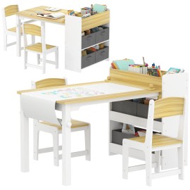 Qaba Kids Desk and Chair Set, Activity Craft Table for 3-8, Natural Wood