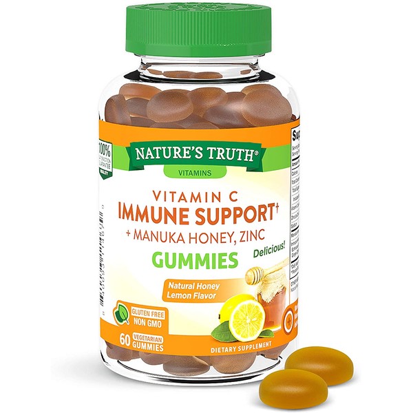 Vitamin C Immune Support Gummies | 60 count | with Zinc and Manuka Honey | Vegetarian, Non GMO and Gluten Free Supplement | Honey Lemon Flavor | By Nature's Truth