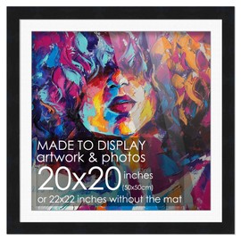 20x20 Black Wood Picture Frame With White Mat | 22x22 Frame Matted to 20x20 | Display Your Poster Under UV Acrylic Shatter Guard Front, with Foam Board Backing, Wall Hanging Hardware - Gallery Frame