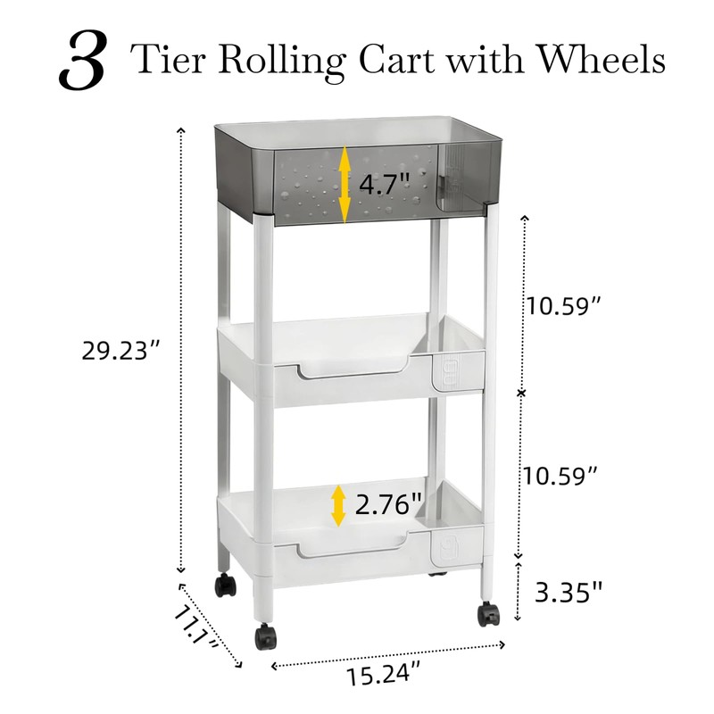 LiWNYRK 3 Tier Rolling Cart with Wheels 4.7'' Deep Baskets