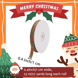 Christmas Ribbon, 7/8 Inch x 27 Yards Plaid Christmas Ribbon, Red and Green Gingham Ribbon with Gold Edge for Christmas Wrapping Crafts Wreath Home Decoration