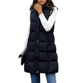 Tanming Women's Long Puffer Vest Casual Sleeveless Puffy Jacket with Removable Hood (Black-XS)