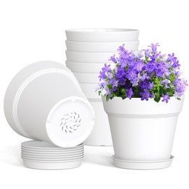 WSMKSZ 4 Inch Plastic Plant Pots with Drainage Holes and Trays – 8 Pack Small Nursery Pots for Indoor & Outdoor House Plants and Flowers, Seedling Starter Planters, White