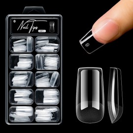 BlueZOO Soft Gel False Nail Tips Medium Square Pre-shaped Half Matte Full Cover Acrylic Nails for Extension Manicure Salon Home DIY, Beginners Practice Tech Clear Nail Supplies, 10 Sizes, 100Pcs