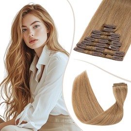 TESS Clip in Hair Extensions Real Human Hair Blonde Remy Seamless 8 Pieces Straight Short for Women/Girls (#27 Dark Blonde, 10 Inch 50g)