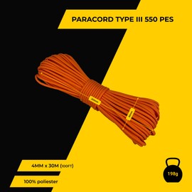 EdcX 4 mm Polyester Paracord 550, 25+ Colours (15, 30 and 50 m) - Type III, 100% Nylon Rope, 7 Stranded Rope, 4 mm Nylon Rope in Many Colours, Solid Colours (Carrot, 30 m)
