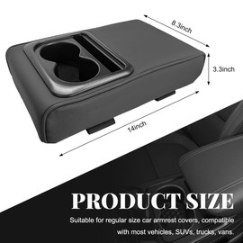 Ohleats Car Center Console Armrest Pillow, 14"×8.3" Leather Auto Center Console Armrest Box with Cup Holder, Cup Holder Armrest Cushion Pad, Car Accessories (Black, Normal)