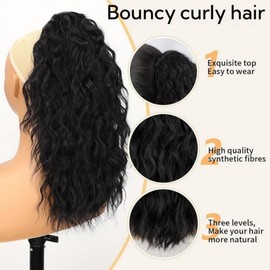 Greenmirr Pferdeschwanz Verlängerung Klaue Clip 18 Zoll für Frauen Multi Layered Fluffy Dicke Lockige Kiefer Clip in Wellige Synthetische Haarteil (1B Black)