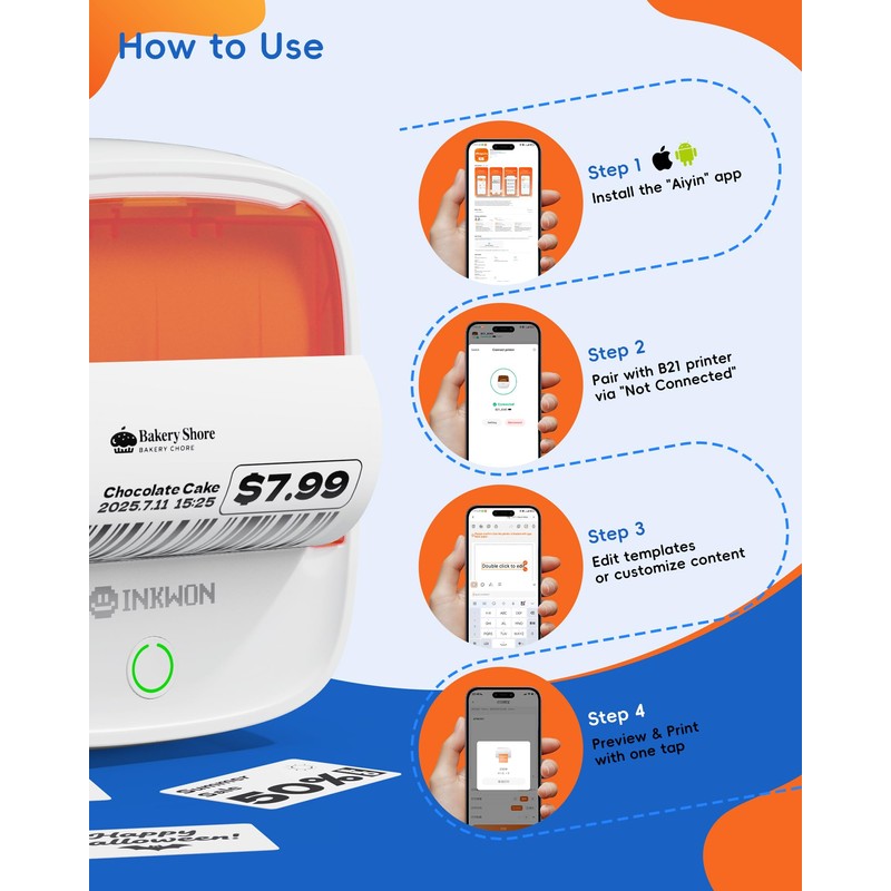 InkWon B21 Label Maker, 2-Inch Bluetooth Label Maker Machine with