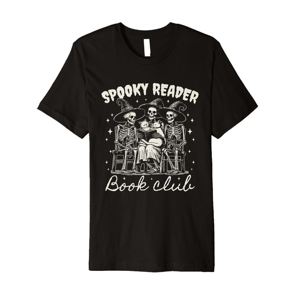 Spooky Reader Book Club Skeleton Witch Cat Premium T-Shirt