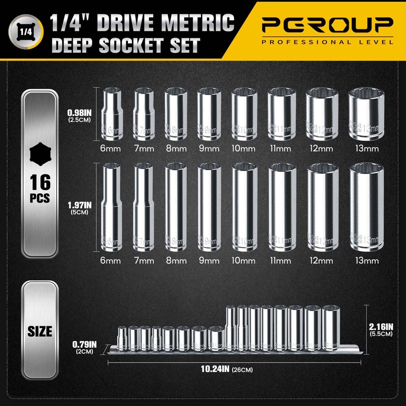 pgroup 1/4" Drive Socket Set, 16PCS 12-Point Deep and Shallow