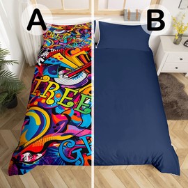 Homemissing Hippie Graffiti Style Bed Linen Set 135 x 200 cm Hip Hop Decor Cool Duvet Cover Street Culture Grunge Art Children's Beds Colourful Boy Bedding Set