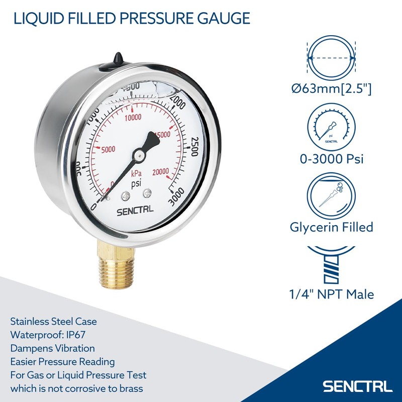 SENCTRL 3000 Psi Glycerin Liquid Filled Hydraulic Pressure Gauge, 2.5"