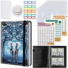 100 Envelopes Money Saving Challenge, A5 Budget Binder with Cash Envelopes & 3 Budgeting Planner Trackers to Save $5,050 Money ，Savings Challenge Book for Organizer, Blue Elephant, Tree
