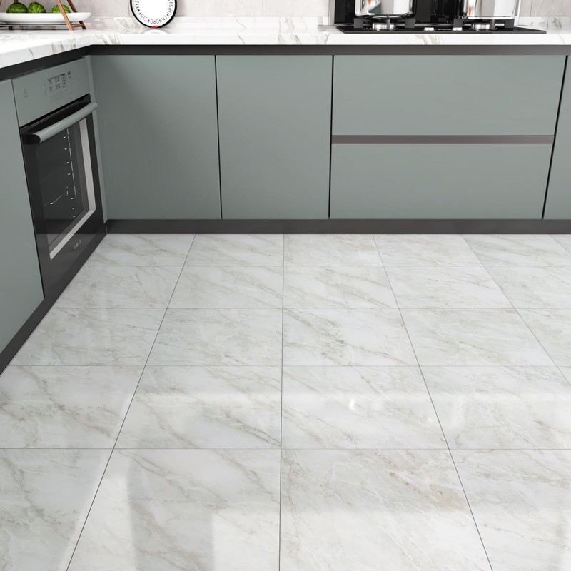 Wallercity Shiny Gray/White Marble Peel and Stick Floor Tile 12"