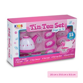 Kids House Juego De Té para Niñas Tin Tea Set, Ideal para Cocinita de Juguete, Incluye15 Piezas, con 4 Tazas y 1 Tetera, Juguete para Niñas con Diseño de Fresas y Flores