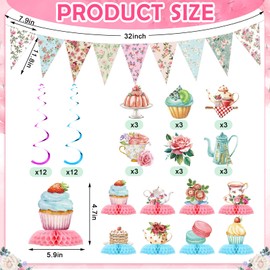 Skybooly 257 Pcs Tea Party Supplies Decorations Include Disposable Floral Paper Plates and Napkins Teacups Saucers Set Cupcake Stand Centerpieces Bunting Banner Hanging Decorations for Teapot Party