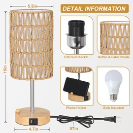 Eayaya Bedside Lamps Set of 2 with Bulb, Touch Control Nightstand Lamp for Bedroom with Rattan & Linen Shade, 3 Way Dimmable Small Boho Table Lamps with USB Charging Port & Phone Stand