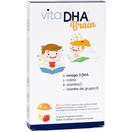 VitaDHA Brain | For Children | 250 mg Omega-3 DHA, Choline and Vit.D and B | For the Brain and Immune System | Sugar Free | Pleasant Strawberry and Lemon Flavour | 30 Jellies