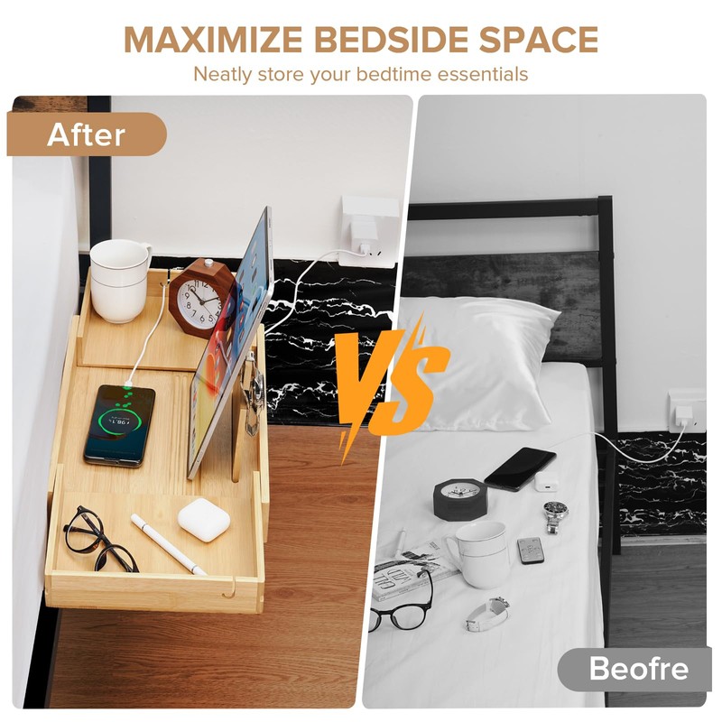 Bamboo Bedside Shelf with Expandable Tray, Clip-On Bunk Bed Nightstand